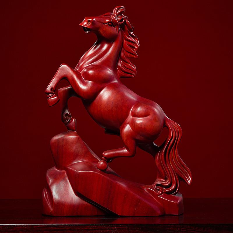 红花梨木雕生肖马摆件红木马到成功办公室桌面装饰红色木马工艺品