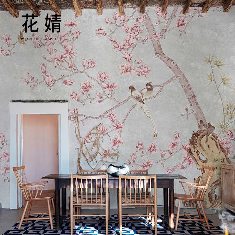 中式玉兰花卉墙纸墙布客厅背景墙壁纸卧室床头墙定制壁画全屋壁布