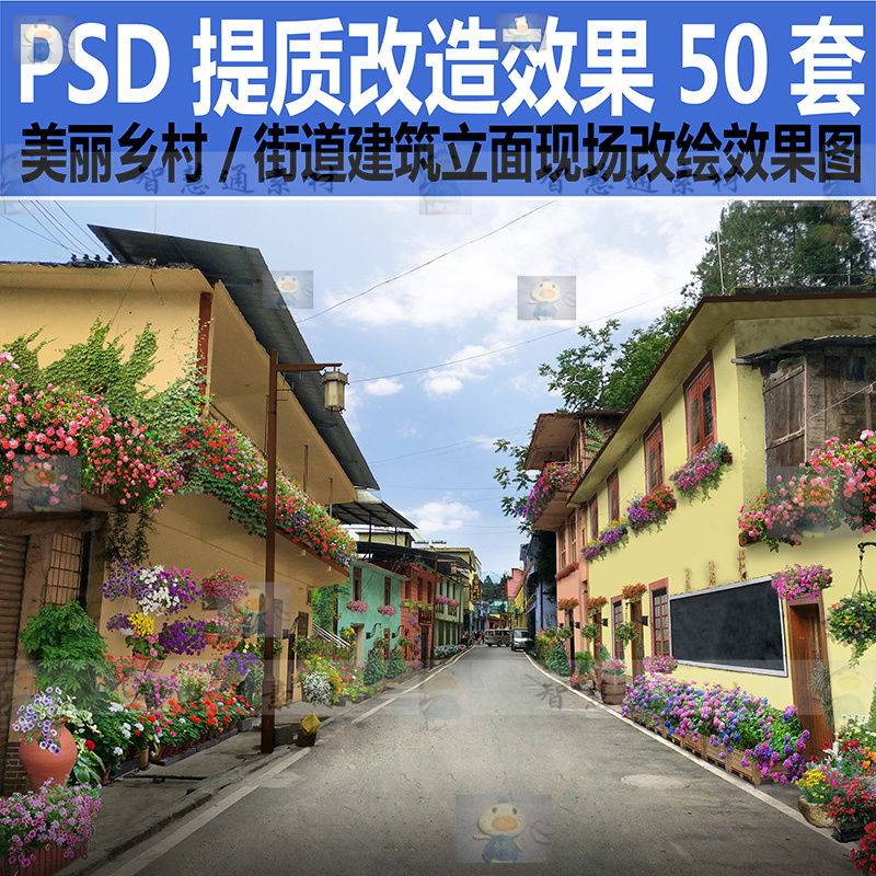 美丽乡村ps新农村街道立面整改造提质升PSD效果图花卉素材P图