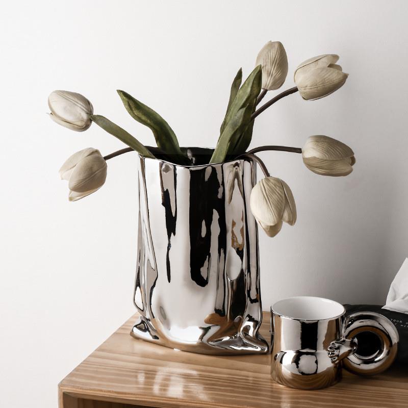 电镀银色花瓶陶瓷创意酒柜电视柜样板间装饰品艺术摆件