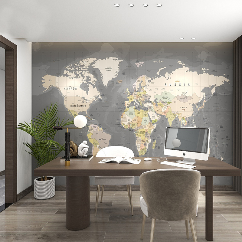 现代简约世界地图墙纸工业风主题酒店房间灰色墙布办公室壁纸大气