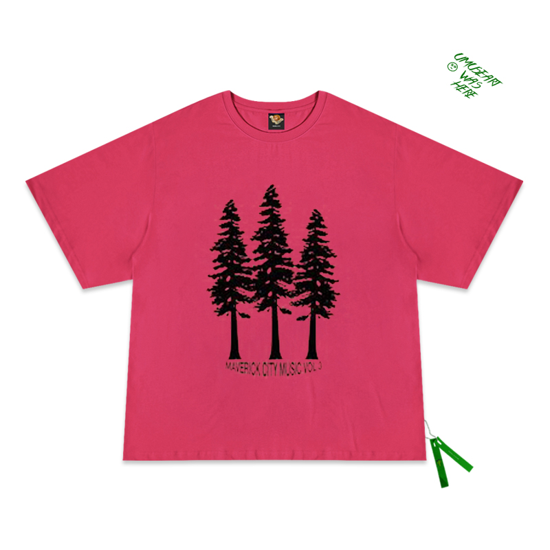 三棵松树 美式vintage做旧风T恤玫红色显白神器复古夏穿搭短袖T恤