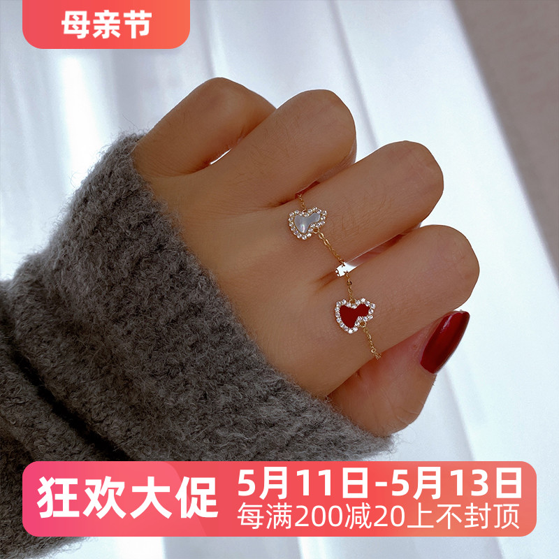 韩国流行14K黄金戒指女 红玛瑙白贝母锆石镶嵌伸缩彩金软戒