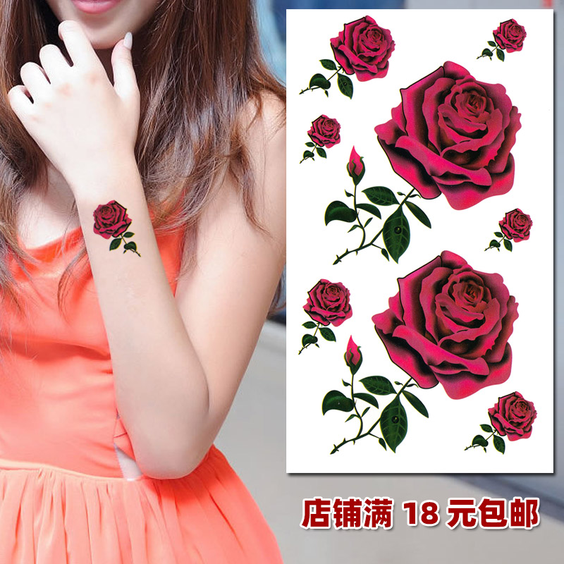 红玫瑰花纹身贴高级感防水女 持久 女生锁骨手腕脚腕花朵身体彩绘