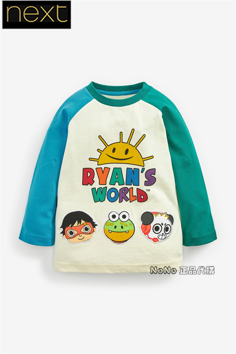 Next英国正品儿童白色蓝绿色太阳长袖T恤Ryans World卡通294-615