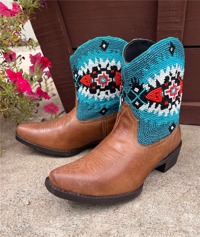 美国代购ROPER本土西部牛仔靴彩色印第安人彩色串珠真皮里短靴女