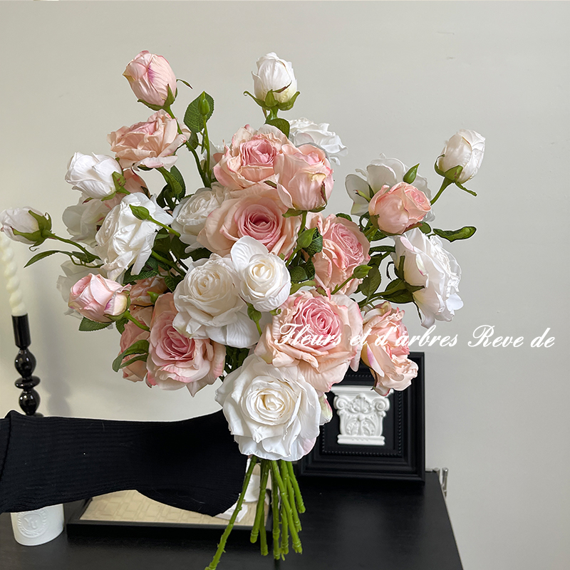 法式复古油画焦边玫瑰仿真花假花干花客厅餐桌花婚礼花束拍摄道具