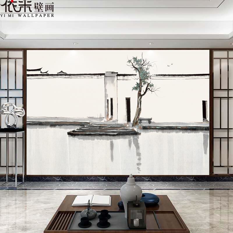 新中式黑白意境山水电视背景墙壁纸水墨云雾客厅沙发墙布无缝壁画