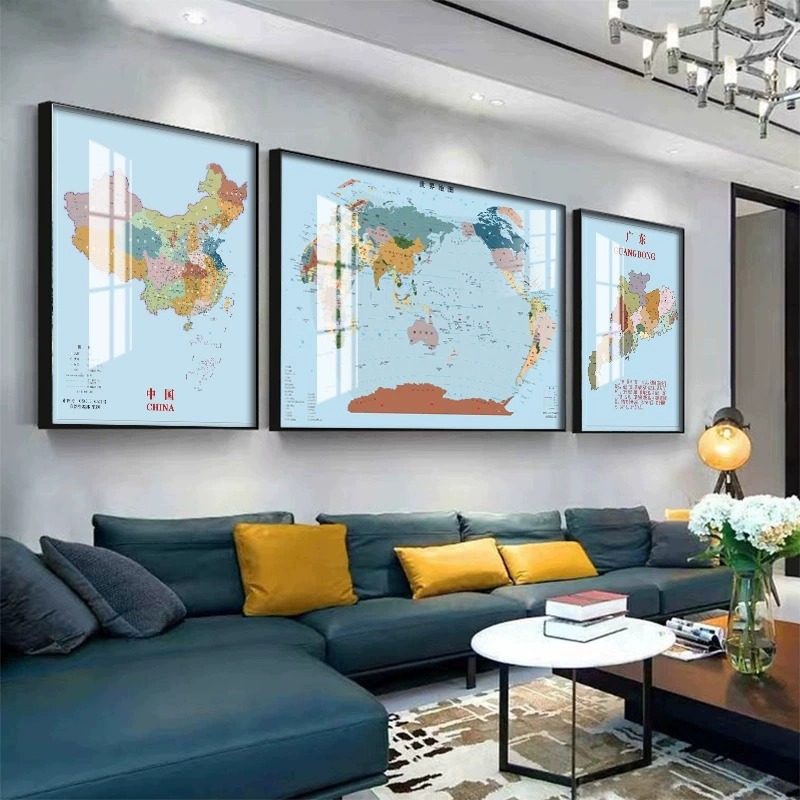 中国世界地图简版客厅沙发背景墙面装饰画办公室大幅挂图三联挂画