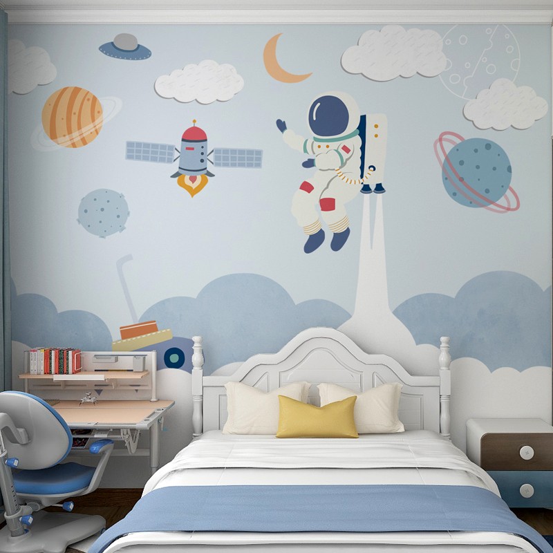 儿童房壁纸男孩卡通星空动漫墙布太空星球主题墙纸宇航员定制壁布