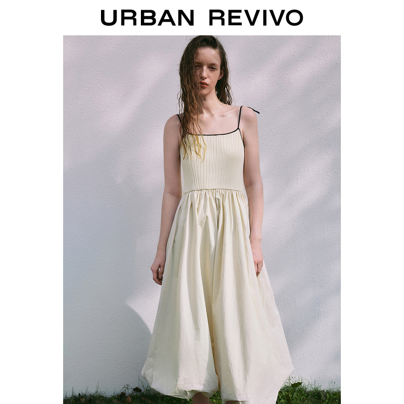 UR2024夏季新款女撞色系带拼接梭织长款针织连衣裙UWU940112