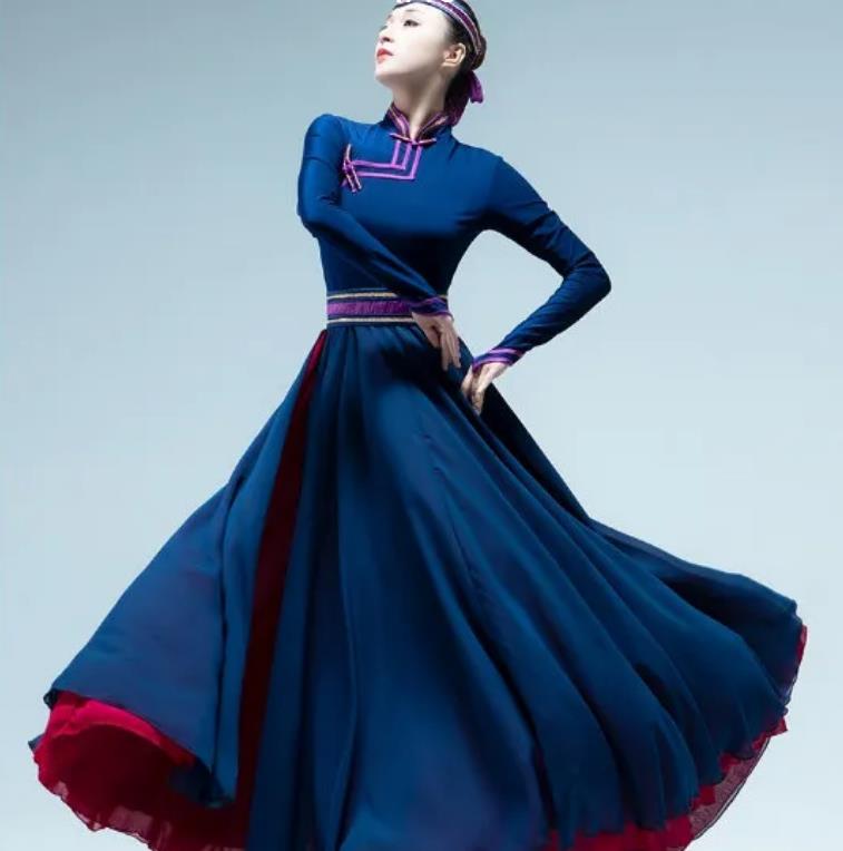 新款蒙古族舞蹈练习裙民族舞表演艺考服装长款练功练习袍大摆裙女