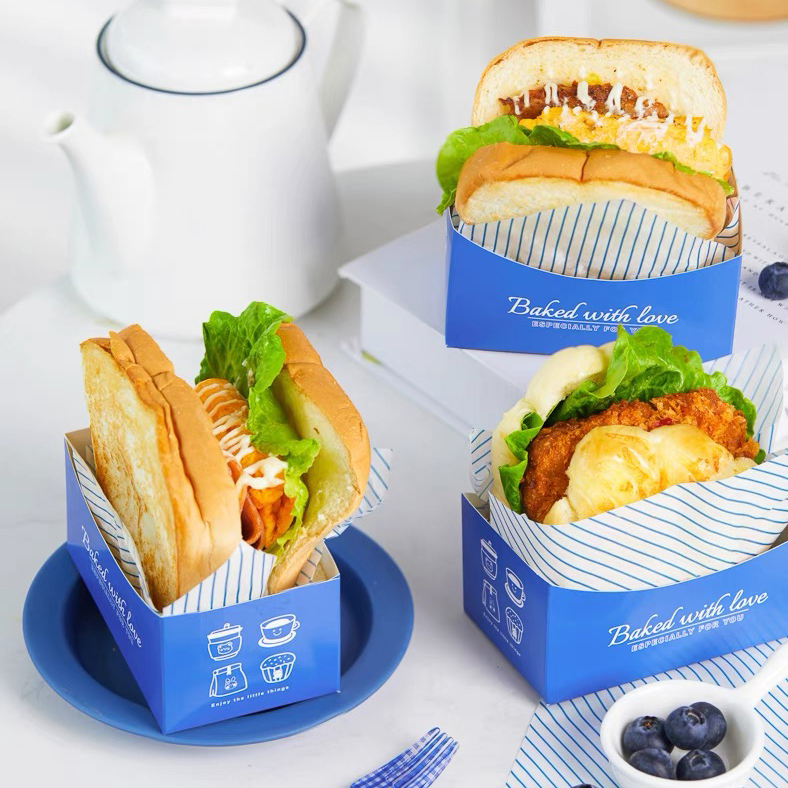 韩国同款包装盒三明治滑蛋厚蛋烧吐司纸托汉堡早餐手拿蓝色纸盒
