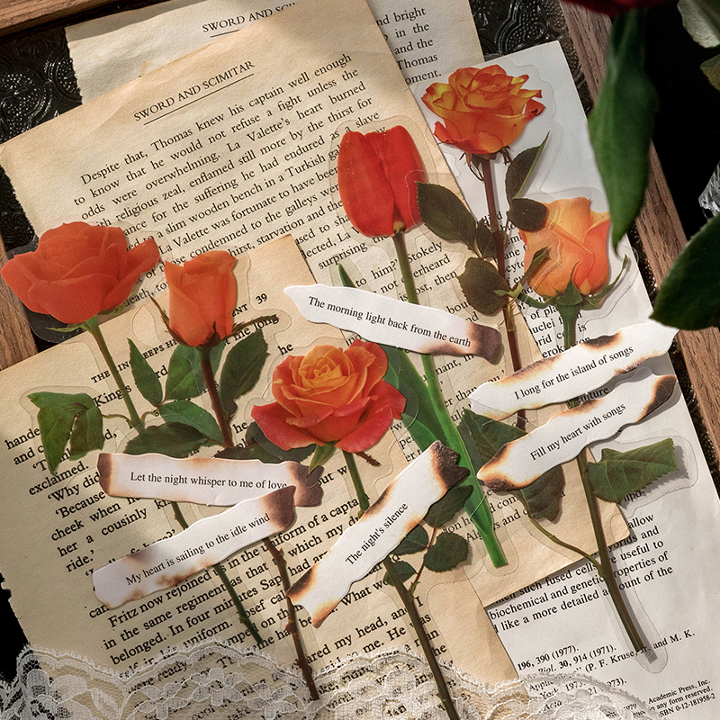 植物与诗浪漫七夕玫瑰花朵PET贴纸文艺复古防水手帐装饰素材贴画