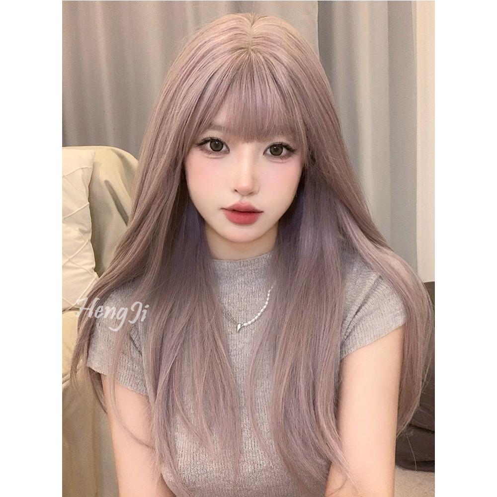 哼唧网红假发女长发韩式女团发型中分中长发紫灰色全头套彩色假发