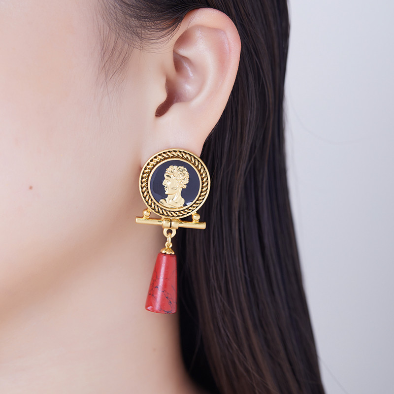 中古耳饰女法式复古头像加红松石坠长款耳钉个性独特设计感耳环