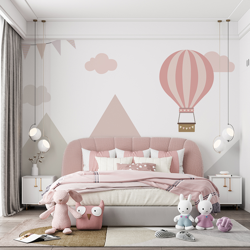 热气球云朵壁纸简约北欧壁布卡通儿童房墙布女孩卧室壁画幼儿园