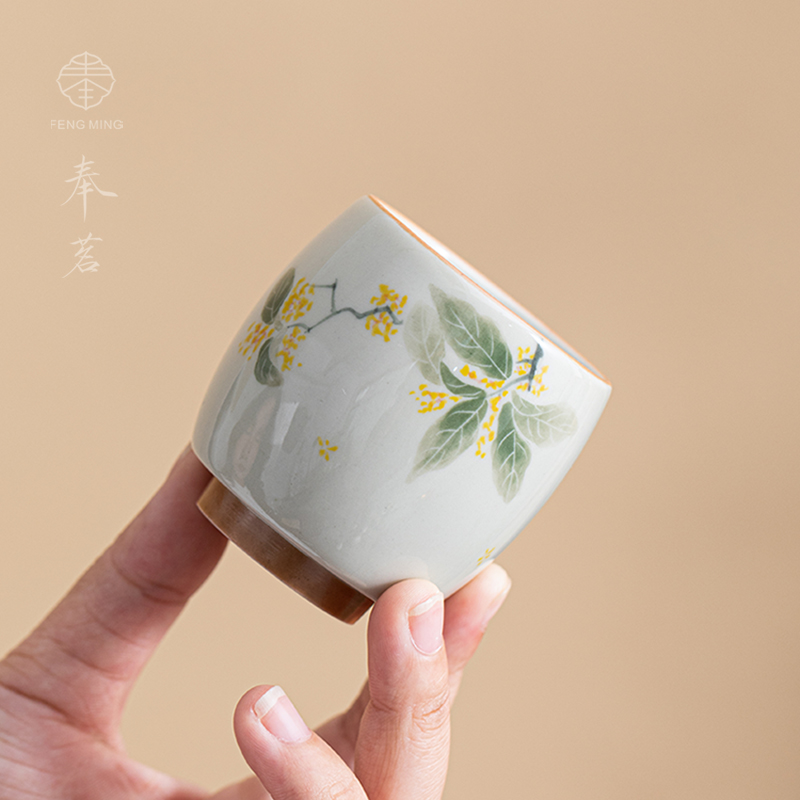奉茗手绘丹桂花旦形杯陶瓷家用茶杯单个品茗杯高端功夫茶具礼盒装