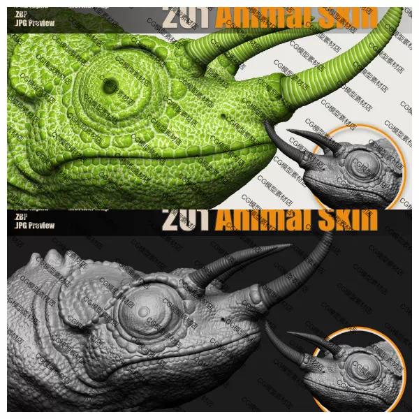 201个zbrush动物爬行鳞片蜥蜴鳄鱼龙蛇皮肤Alpha雕刻笔刷置换贴图