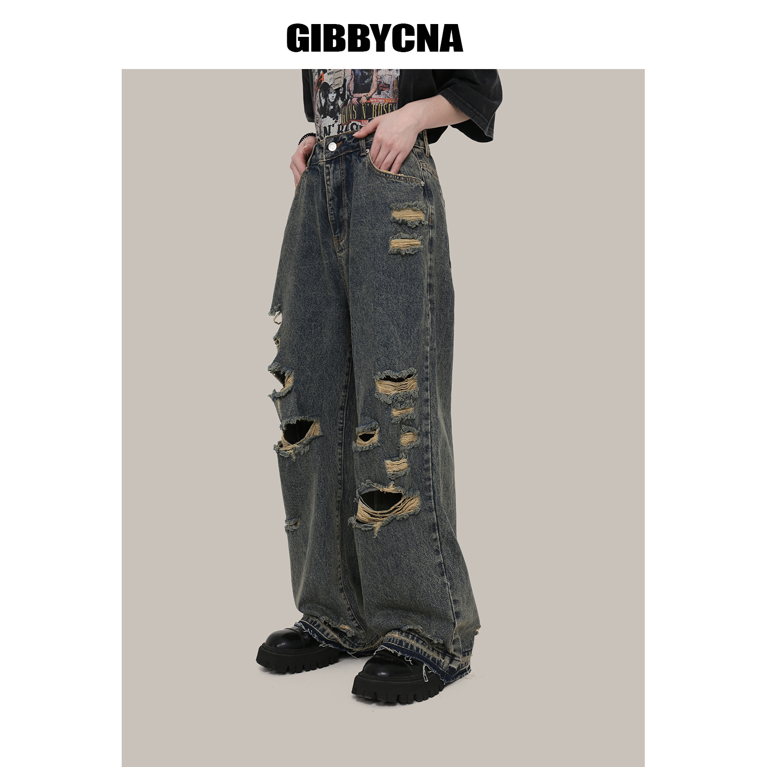 GIBBYCNA设计感ins潮个性直筒破洞乞丐牛仔裤男宽松阔腿拖地裤
