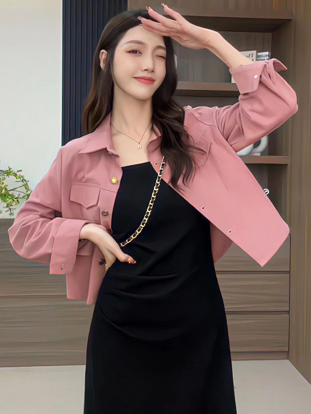 韩版时尚套装女2023秋冬新款短款长袖外套+气质显瘦吊带裙两件套
