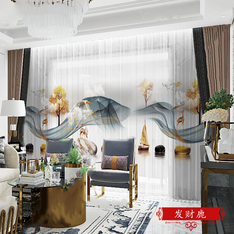 新中式3D数码印花风景水墨画古典风窗纱客厅卧室阳台现代纱帘定制