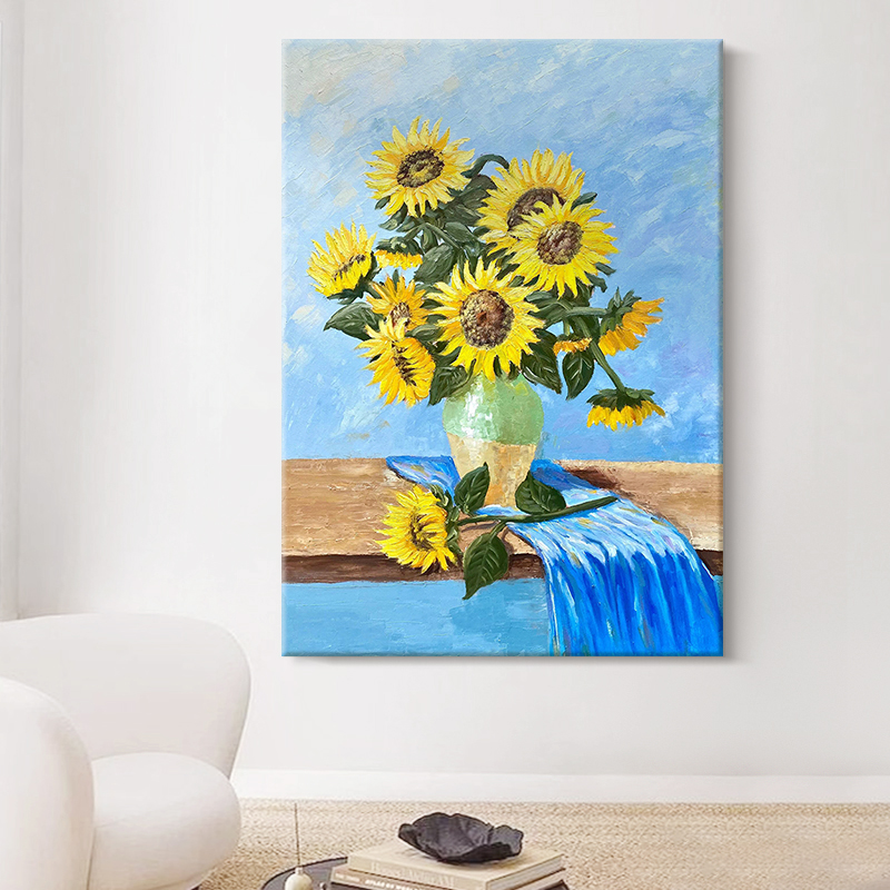 客厅梵高向日葵装饰画抽象小清新黄色瓶花卉肌理手绘油画玄关挂画
