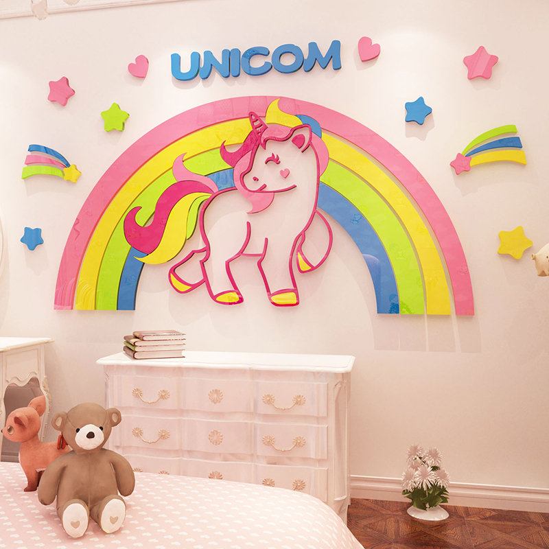 彩虹贴画公主房床头贴纸卡通独角兽亚克力装饰儿童房间布置3d立体