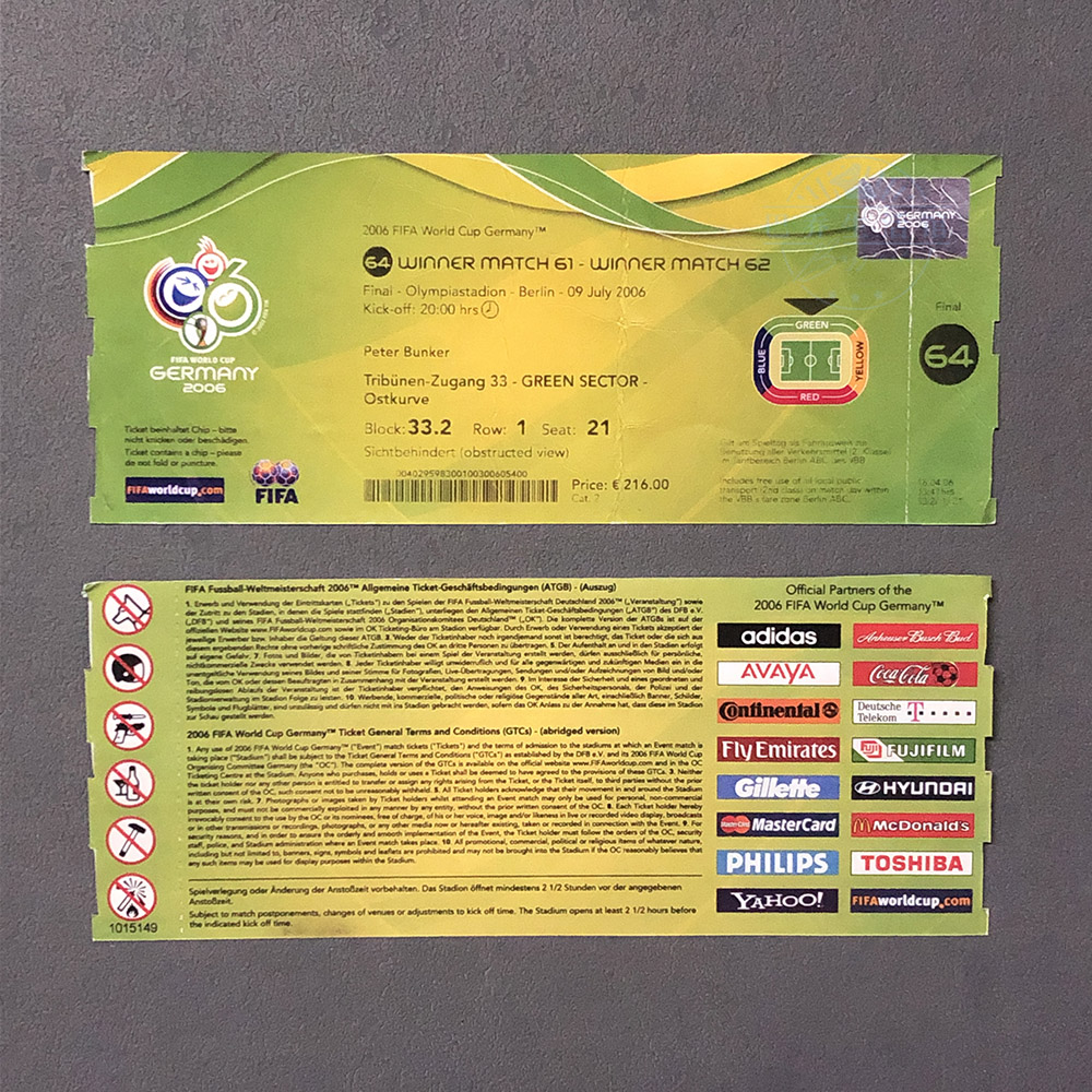 复刻门票球票根收藏品 2006世界杯决赛 意大利 法国 国家队齐达内