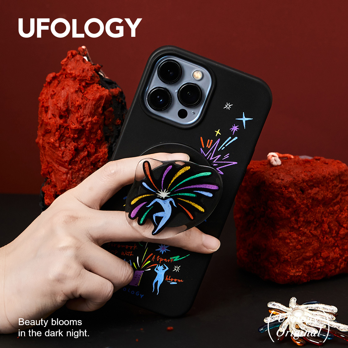 Ufology原创黑色降解壳手机壳适用iPhone15promax手机壳14pro创意13磁吸12卡包支架个性高级12新款烟花小人