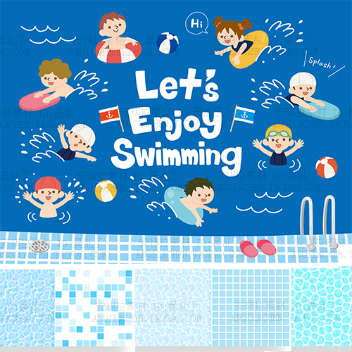 可爱风夏天夏日儿童游泳馆泳池儿童游泳蓝色格子背景矢量AI素材