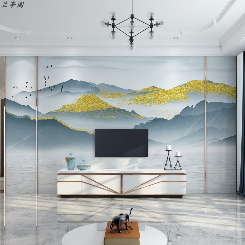 电视墙背景墙壁布2022流行新中式山水立体墙画客厅墙布沙发墙壁纸