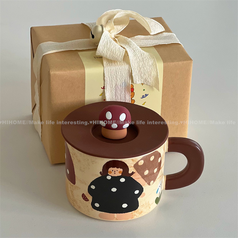 可爱创意韩国风蘑菇女孩治愈系插画带蘑菇盖陶瓷马克杯礼物伴手礼