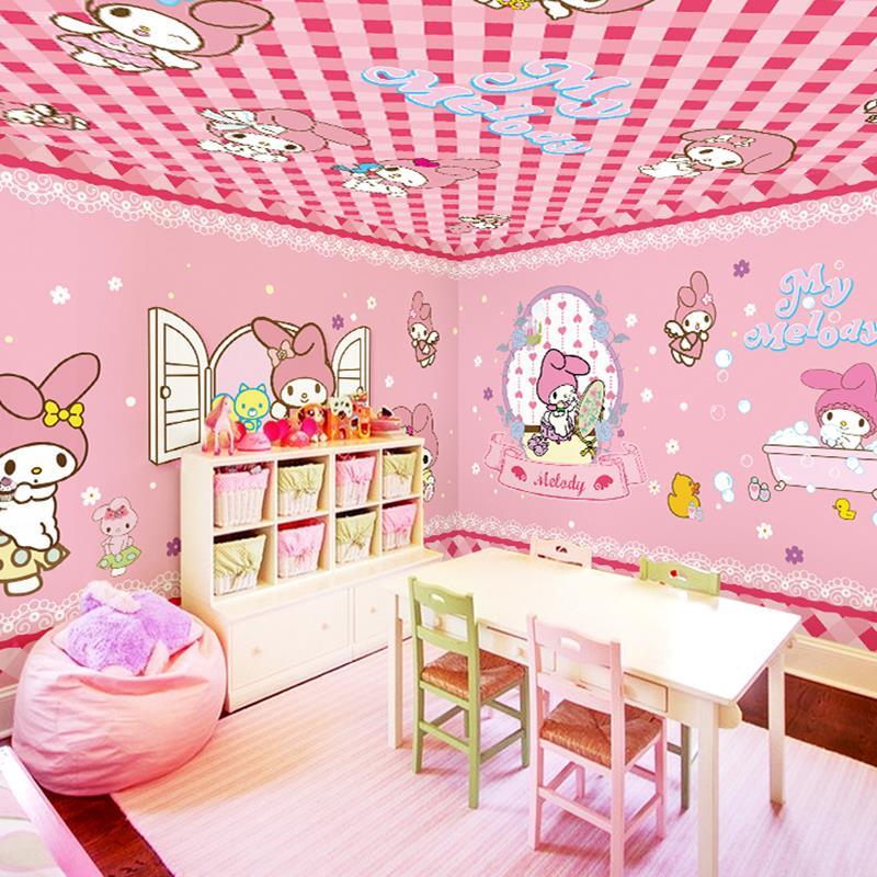 粉色公主房女孩壁纸床头卧室儿童房背景墙纸3d卡通可爱小兔子壁画