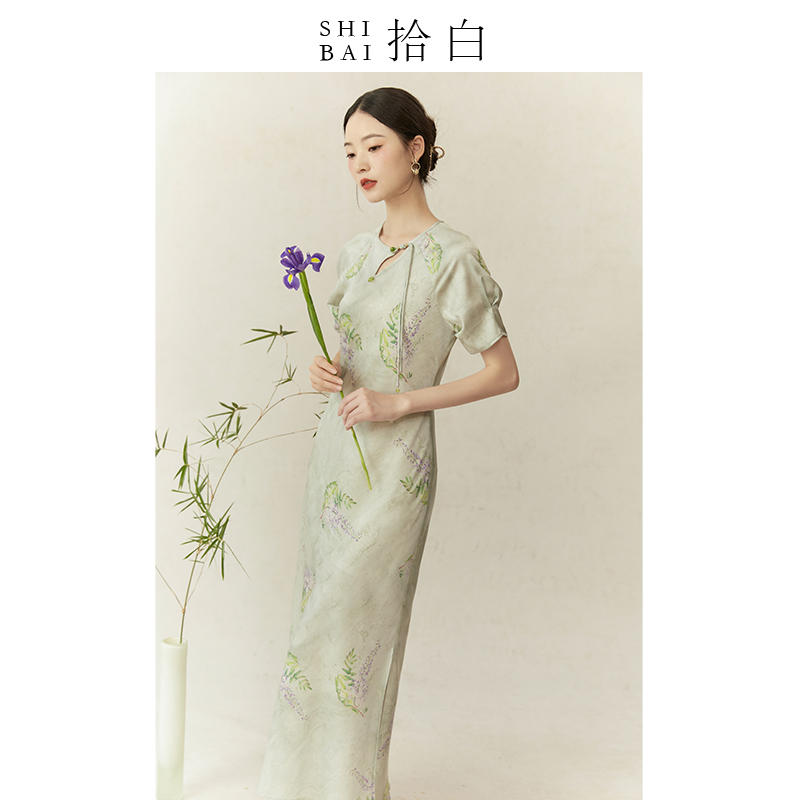 SHIBAI拾白新中式连衣裙原创国风女装优雅青色裙子女茶服日常通勤