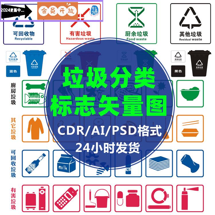 垃圾分类图标矢量元素可厨余有害其他垃圾标识CDR AI PSD素材