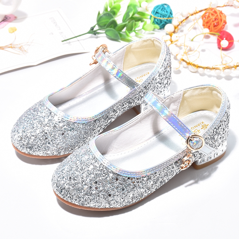 女童银色水晶鞋儿童高跟单鞋模特走秀表演出公主礼服鞋小女孩皮鞋