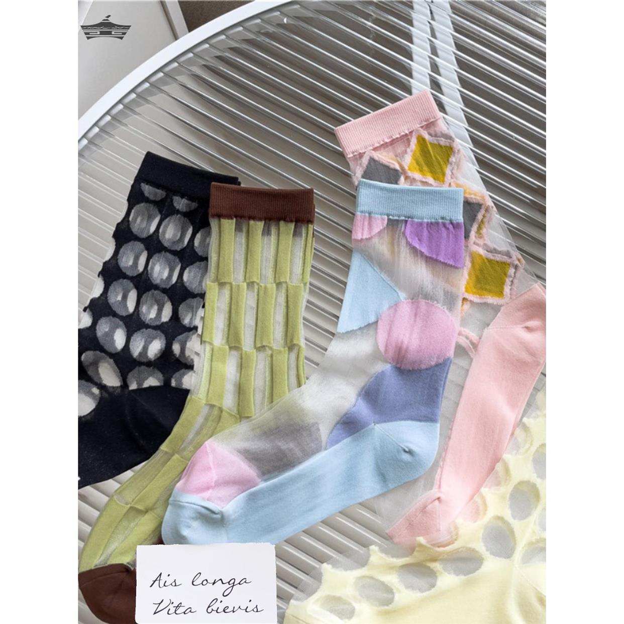 小众设计感创意夏季玻璃丝卡丝彩色艺术风几何图案撞色拼色袜子女