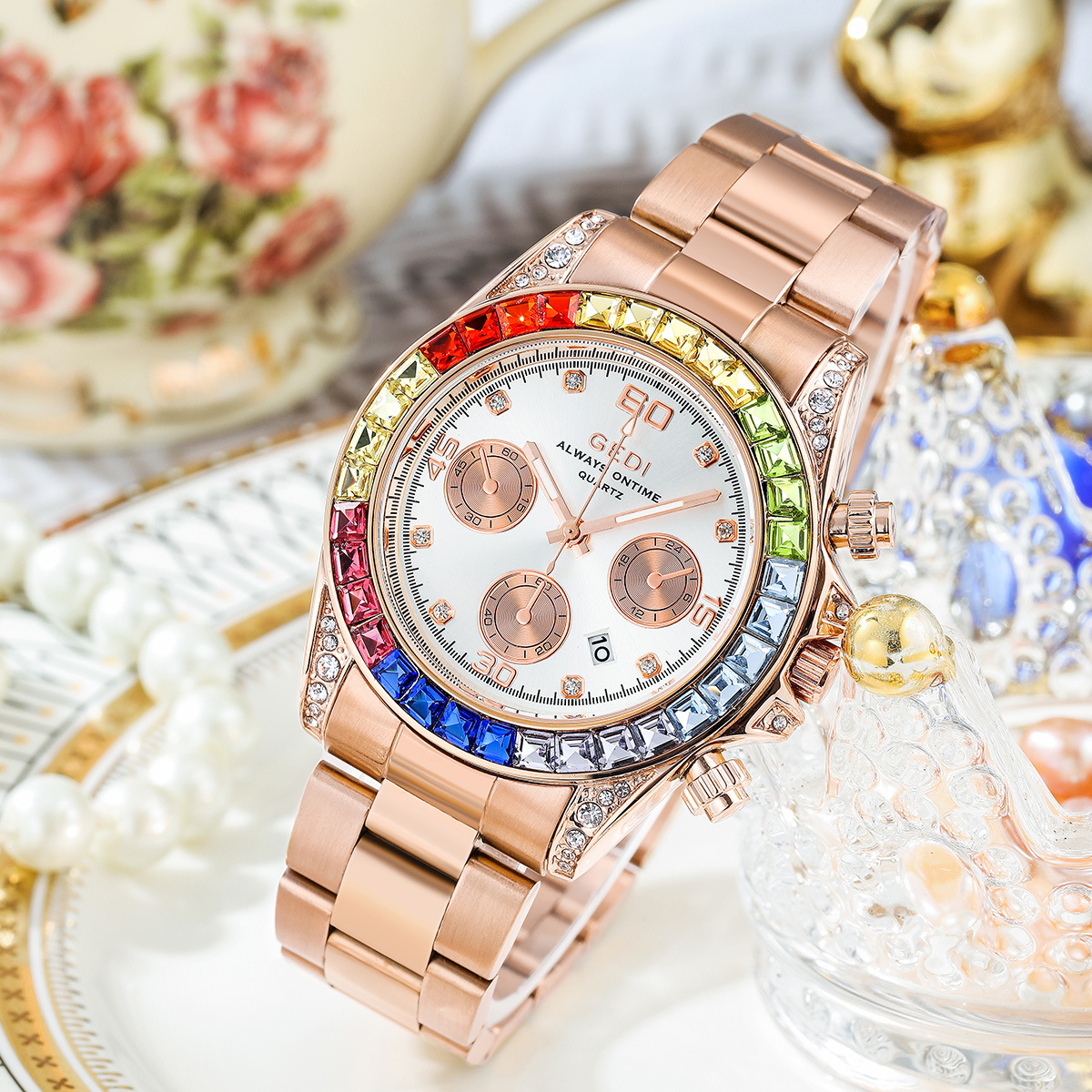 瑞士正品新款女士时尚彩虹圈三眼镶钻手表休闲防水钢带日历女腕表