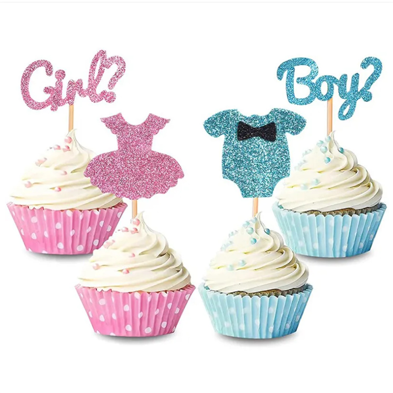 性别揭示纸杯蛋糕装饰插件蓝粉色12枚男孩女孩宝宝甜品台布置插签