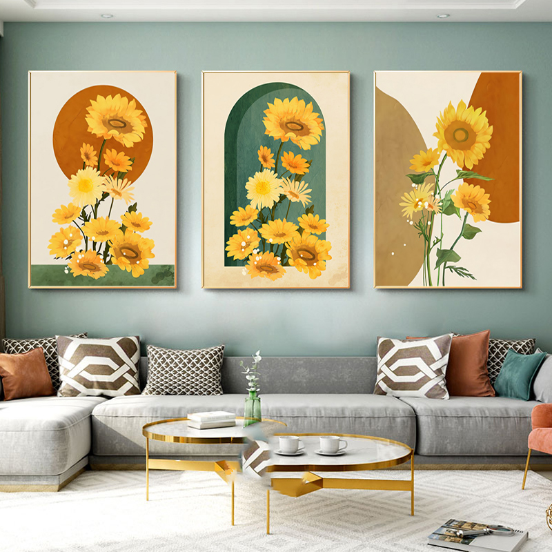 橙黄向日葵装饰画抽象太向阳月亮花卉艺术鲜花树叶女孩房间壁挂画