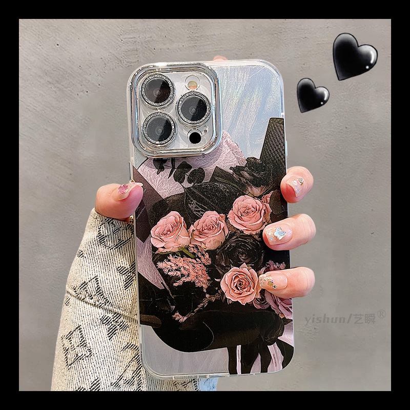 适用苹果15ProMax手机壳iPhone14唯美艺术素描玫瑰花朵12气质女款11高颜值13pro带闪粉镜头膜14pro保护套新款