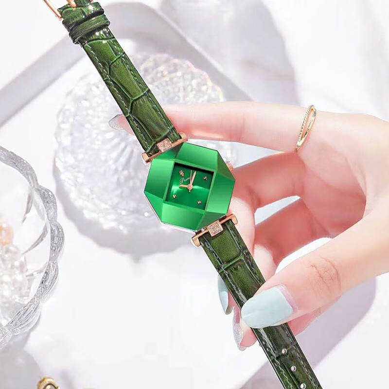 时装表网红款2023石英女士手表多边形简约时尚皮带腕表 绿色带