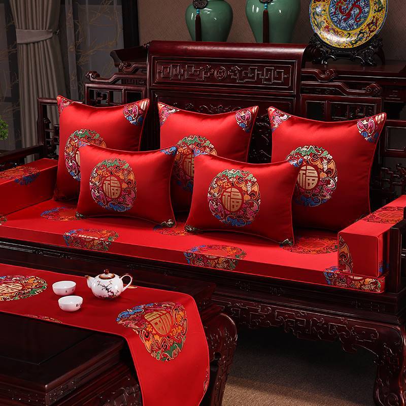 喜庆大红中式红木沙发坐垫结婚礼大喜罗汉床座垫富贵大厚靠垫定制