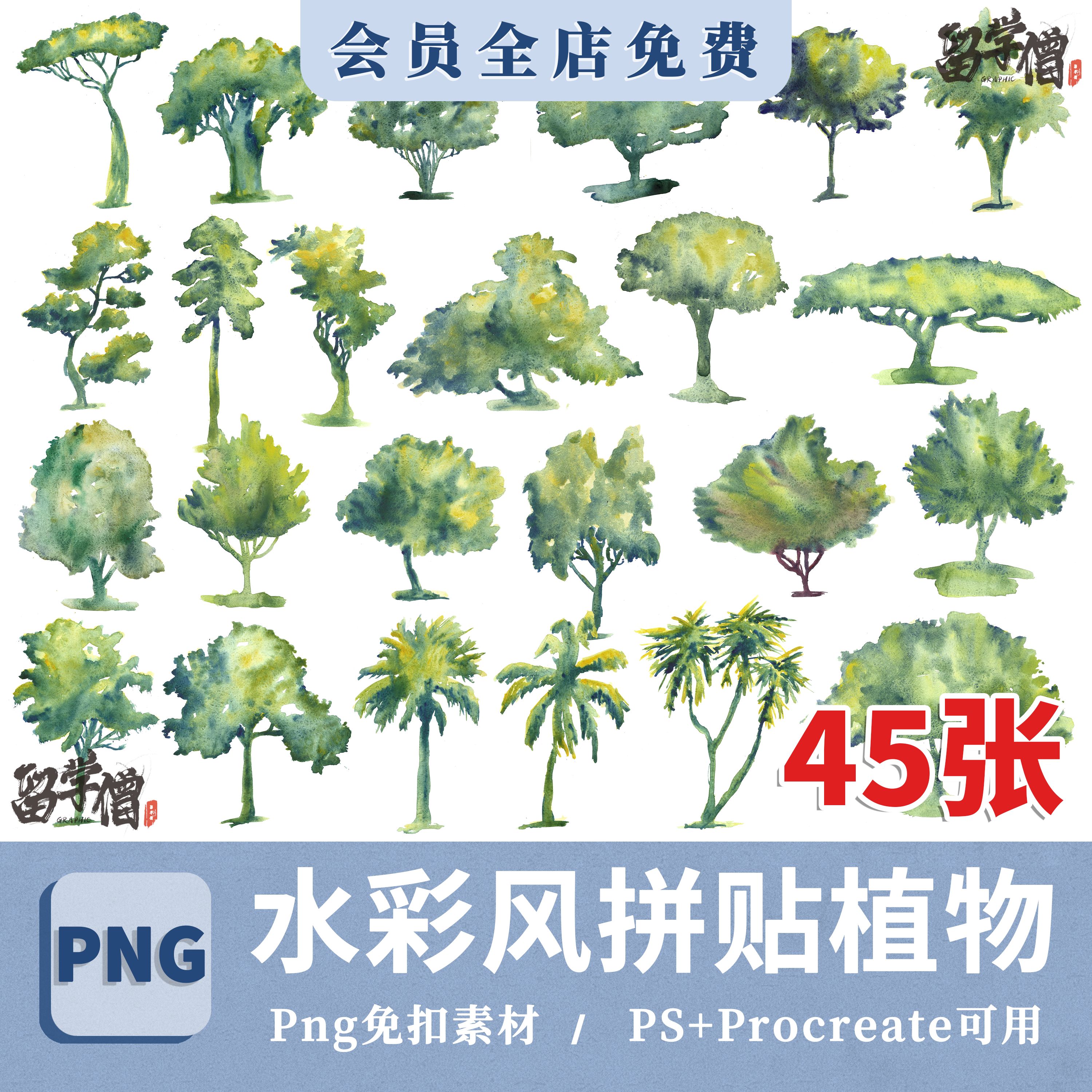 水彩手绘绿树植物树木插画园林景观环境效果图装饰PNG免抠图素材
