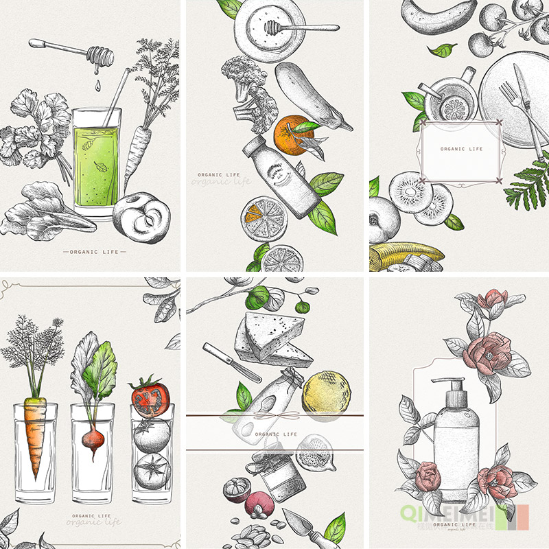 手绘抽象艺术蔬菜水果饮料化妆护肤品插图海报PSD设计素材120403