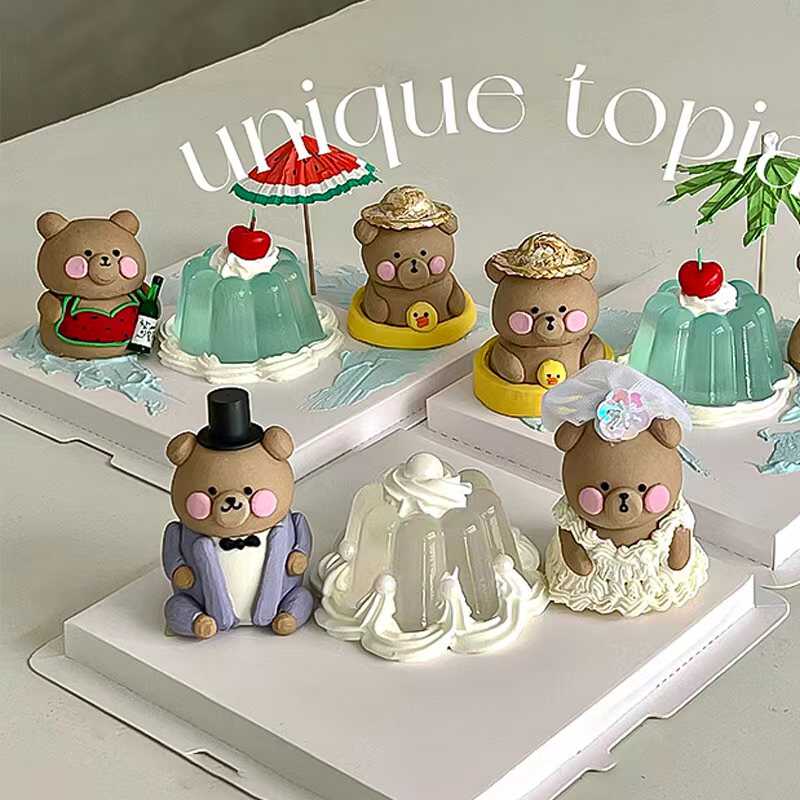 七夕情人节蛋糕装饰求婚婚礼纪念日婚纱小熊手绘甜品装扮烘焙配件