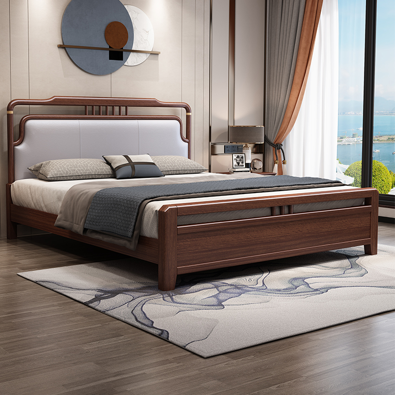 新中式乌丝檀木实木床主卧轻奢软靠双人床1.8米双人床高箱储物床