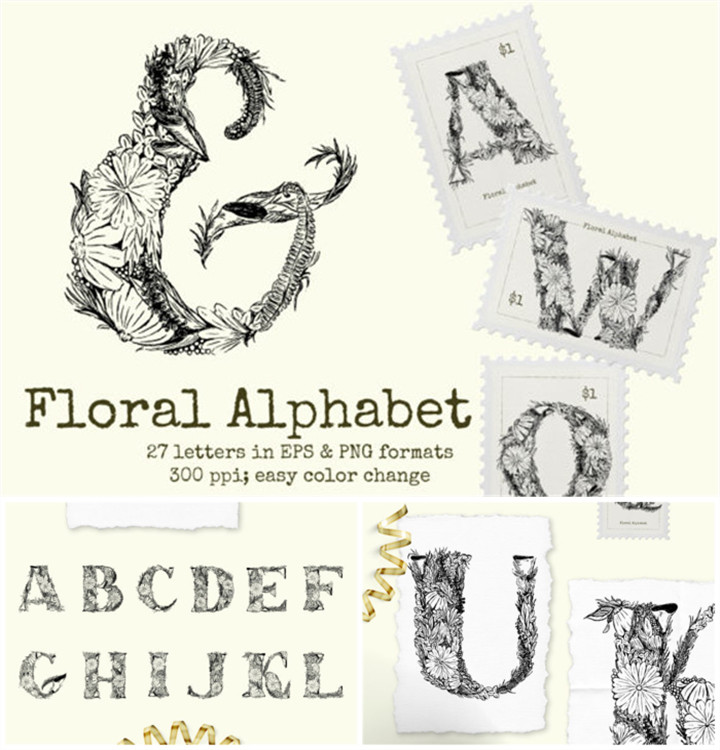 A4006矢量复古花卉线稿组成的英文字母logo图案 AI设计素材+png