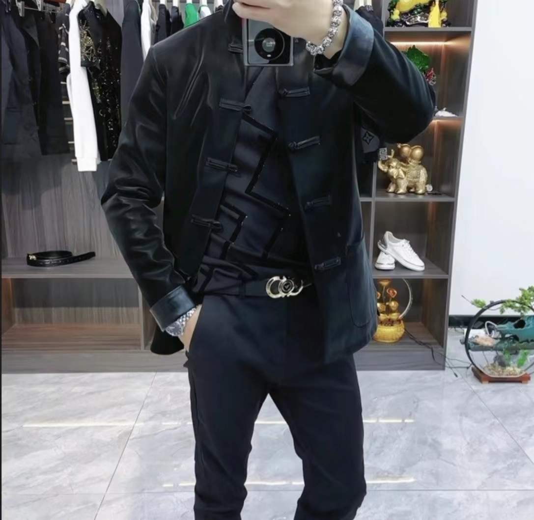 男士新款长袖外套黑色中国风唐装盘扣高品质棉服纯色高端商务外穿